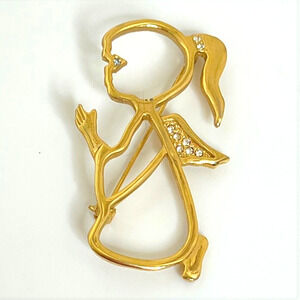 Praying Kneeling Angel with Pony Tail Gold Tone Brooch Rhinestones Signed CCi